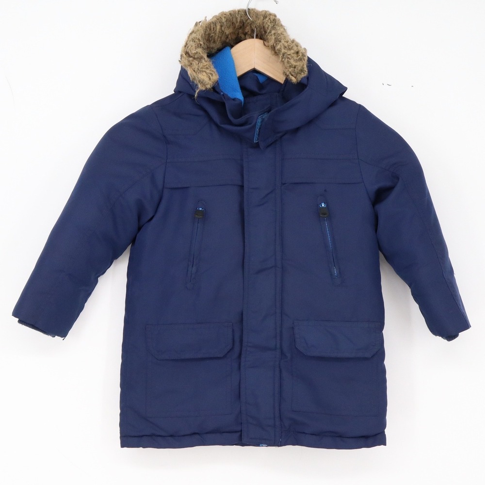 Wonder Kids Parka Toddler Boy 4T Navy Blue Faux Fur Hood Fleece Lined Good